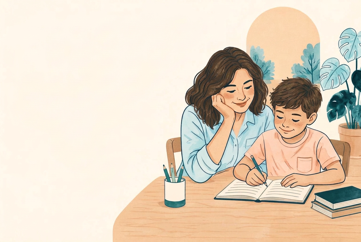 Ilustração de uma mãe e seu filho estudando juntos à mesa.